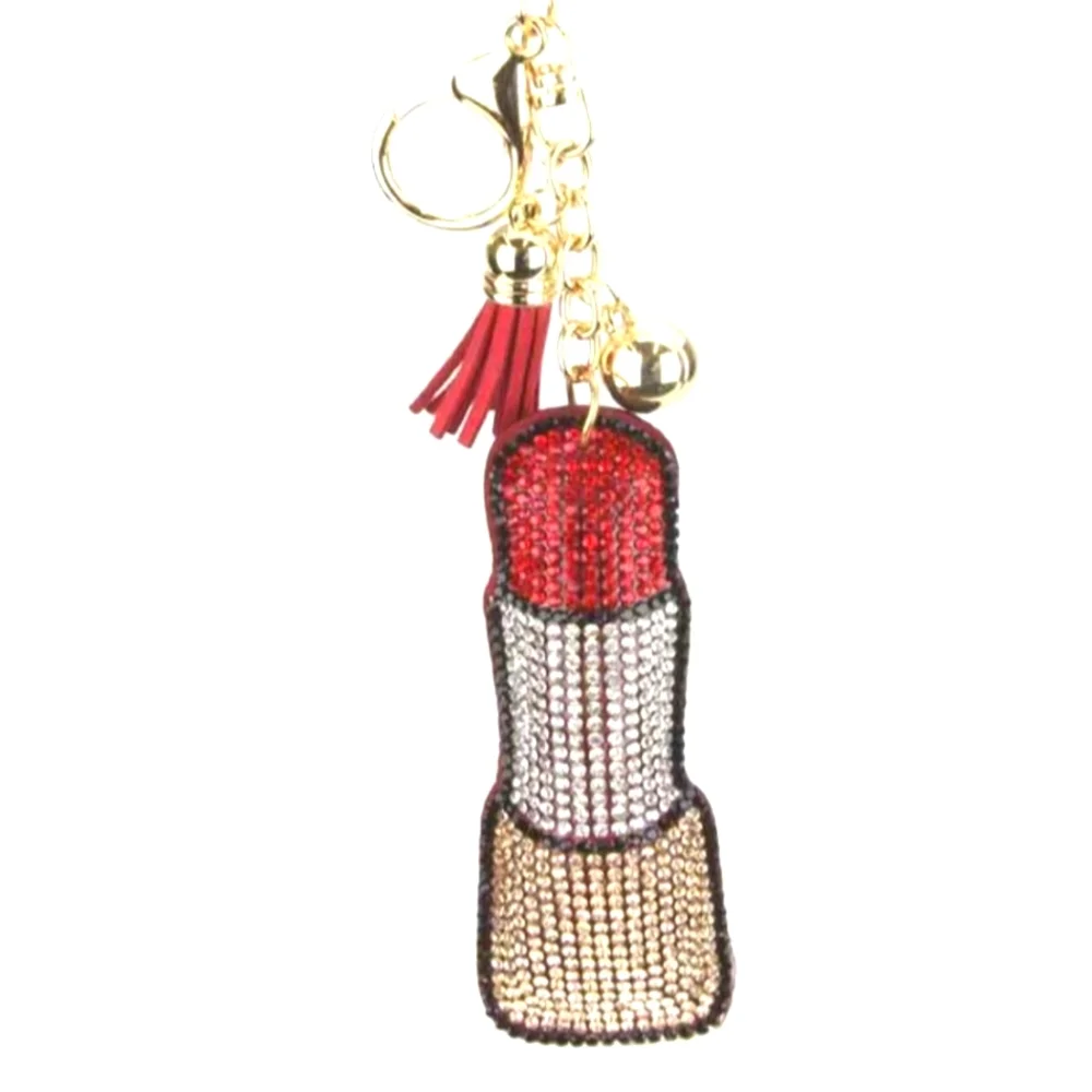 Red lipstick rhinestone covered keychain with ball and tassel goldtone Chic